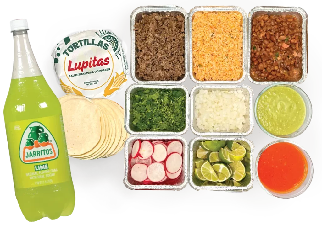 Mini taco bar with tortillas, soda, beans and more